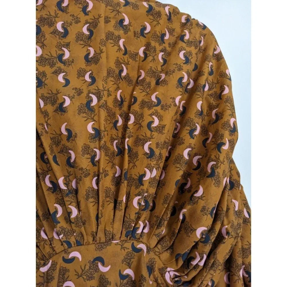 Acler Dorset Mini Dress Long Puff Sleeves Rouched Silk Blend Brown Pink Size 8 - Picture 7 of 10